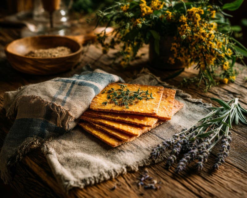 Rustikale hausgemachte Kräcker mit Kräutern auf Holztischen stock abbildung