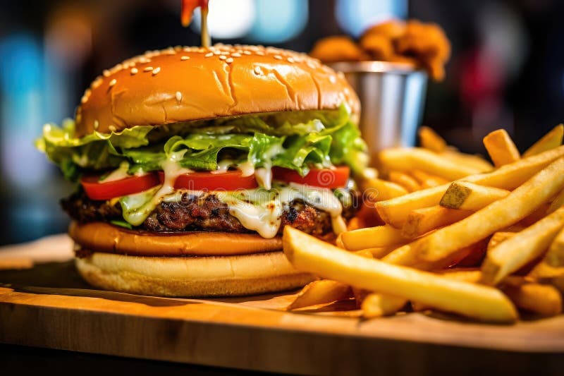 Rustikale hausgemachte Käseseburger und goldene Pommes Frites vektor abbildung