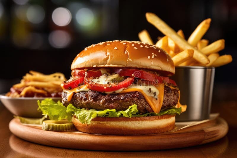 Rustikale hausgemachte Käseseburger und goldene Pommes Frites stock abbildung