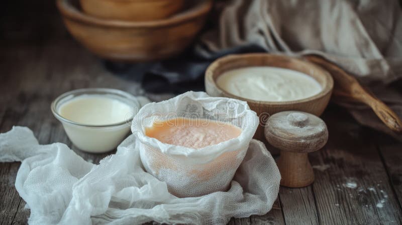 Rustikale hausgemachte Milchprodukte auf Holztisch mit Käsejogurt und Sahne vektor abbildung
