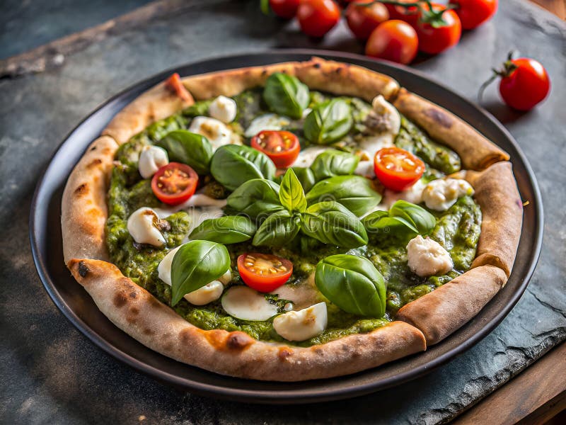 Rustikale hausgemachte Pesto Pizza mit Basilikum und Kirschtomaten. Lebhafter italienischer Komfort. Köstlicher Hintergrund lizenzfreie abbildung