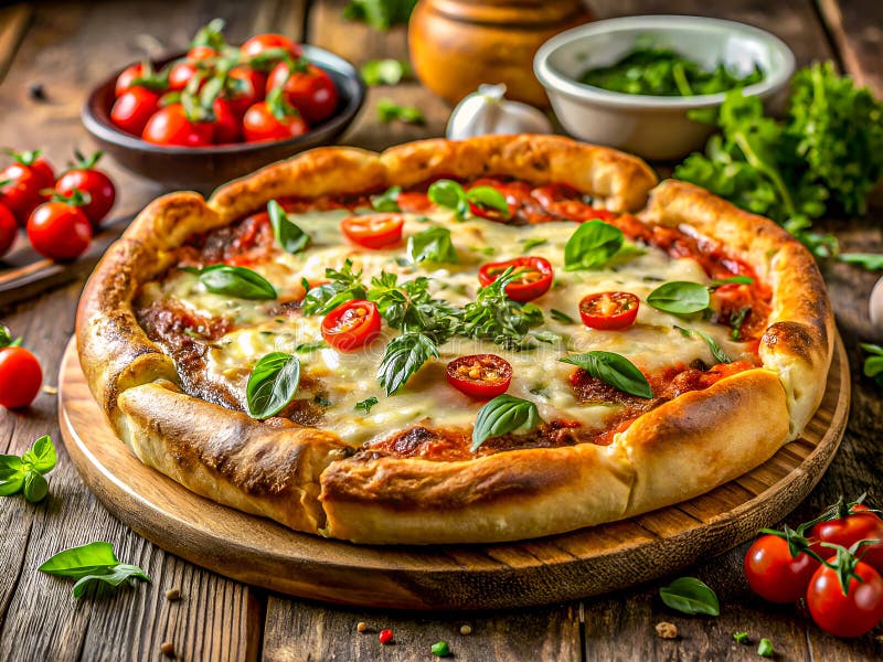 Rustikale hausgemachte Pizza mit Basilikum und Kirschtomaten. Authentischer italienischer Geschmack. Köstlicher Hintergrund lizenzfreie abbildung