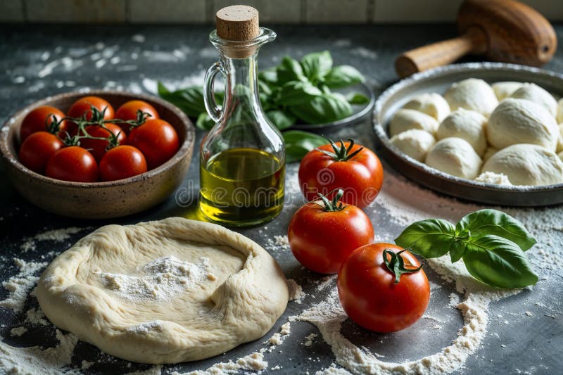 Rustikale hausgemachte Pizza mit rohen Teig frische Mozzarella-Tomaten Basilikum und Olivenöl auf blühenden Theken stock abbildung