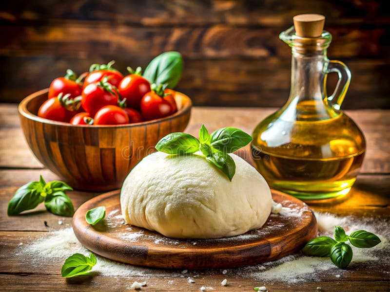 Rustikale hausgemachte Pizzainfette. Olivenöl, frisch gepresst und Kirschtomaten. Köstlicher Hintergrund lizenzfreie abbildung