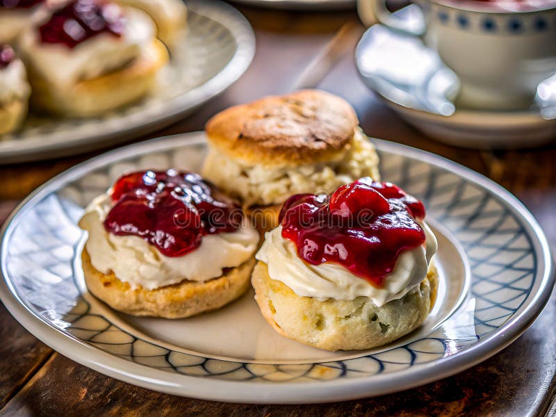 Rustikale hausgemachte Scones mit Creme und Strawberry Jam. Gemütlicher Nachmittagstee. Köstlicher Hintergrund lizenzfreie abbildung