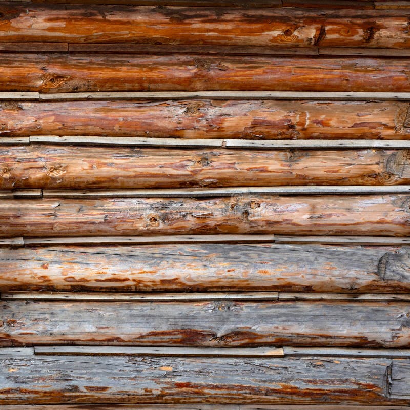Rustikale rustikale Holzwand horizontales Holz Hintergrund. natürliche Textur Teil Fassade einer Blockwand von Kabine oder Haus