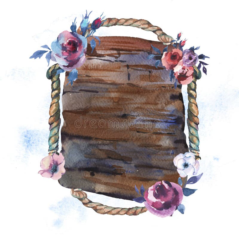 Rustikale hölzerne strukturierte mit Blumenoberfläche und Seil des Aquarells lizenzfreie abbildung