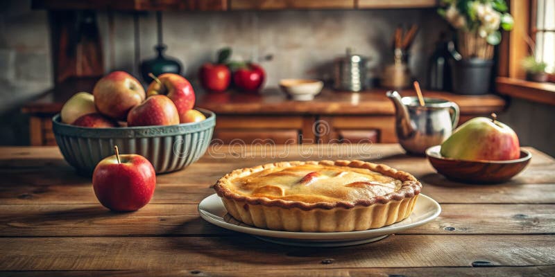 Rustikale Küche mit frisch gebackenem Apfelkuchen und einer Schüssel reifen Äpfeln auf einem Holztisch. Generative AI stock abbildung