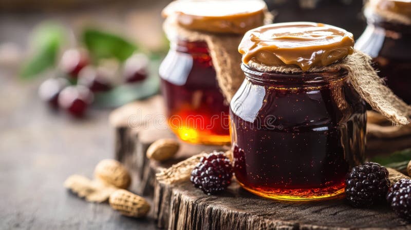 Rustikale Obstkonserven mit Beeren und Nüssen auf Holztisch für Küchendekoration lizenzfreie abbildung