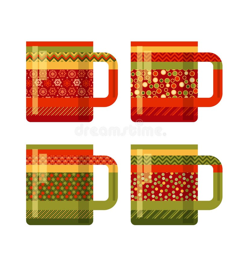 Concept xmas style rustic cups. souvenir mugs set with patchwork peasant ornament. Santa cup of tea. abstract greeting card for winter holiday. Concept xmas style rustic cups. souvenir mugs set with patchwork peasant ornament. Santa cup of tea. abstract greeting card for winter holiday