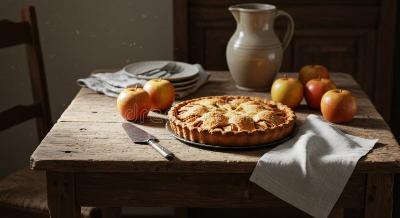 Rustikaler Apfelkuchen auf Holztisch mit Äpfeln und Pitcher stock abbildung