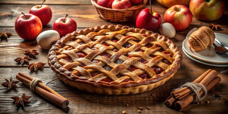Rustikaler Apfelkuchen mit Zimt und Sternanis auf Holztisch. Generative AI lizenzfreie abbildung