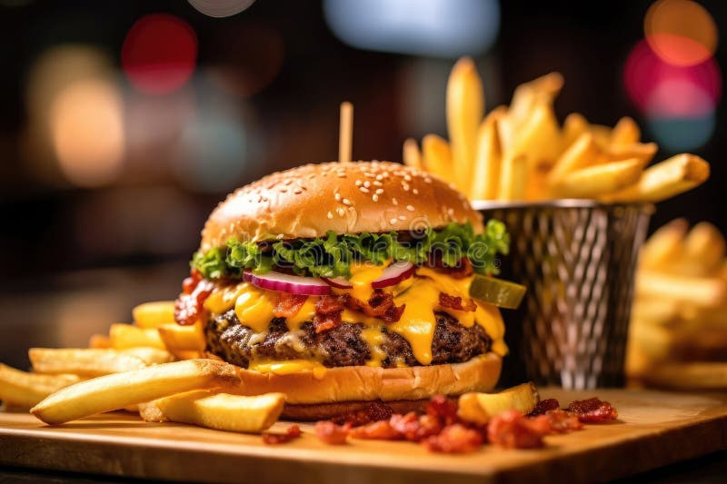 Rustikaler, hausgemachter Cheeseburger mit hausgemachtem Speck und knusprigen Pommes frites stock abbildung