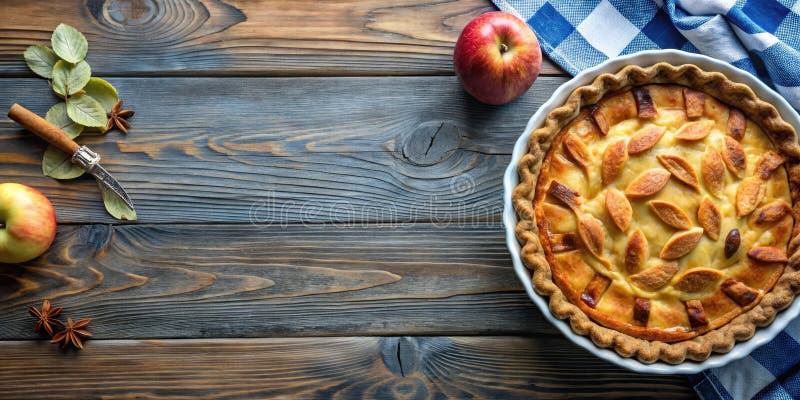Rustikaler Holztisch mit köstlichem, gebackenem Apfelkuchen mit Herbstakzenten. Generative AI stock abbildung