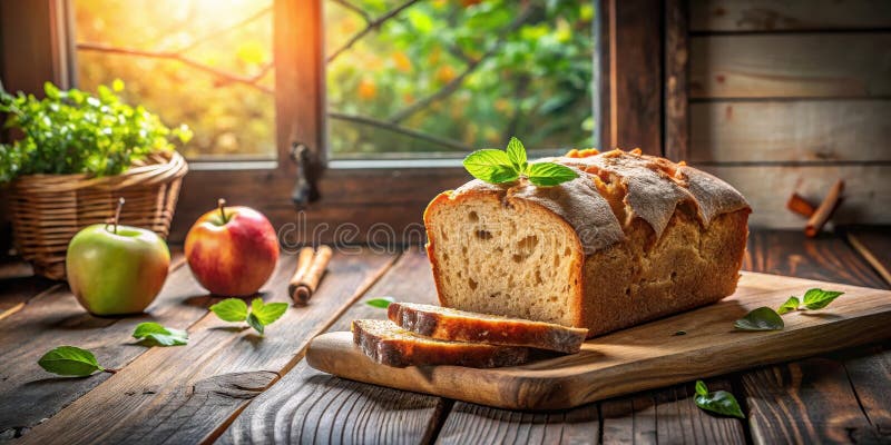 Rustikaler Laib hausgemachtes Apfelbrot mit frisch gebackenen Scheiben und Äpfeln auf Holztisch. Generative AI vektor abbildung