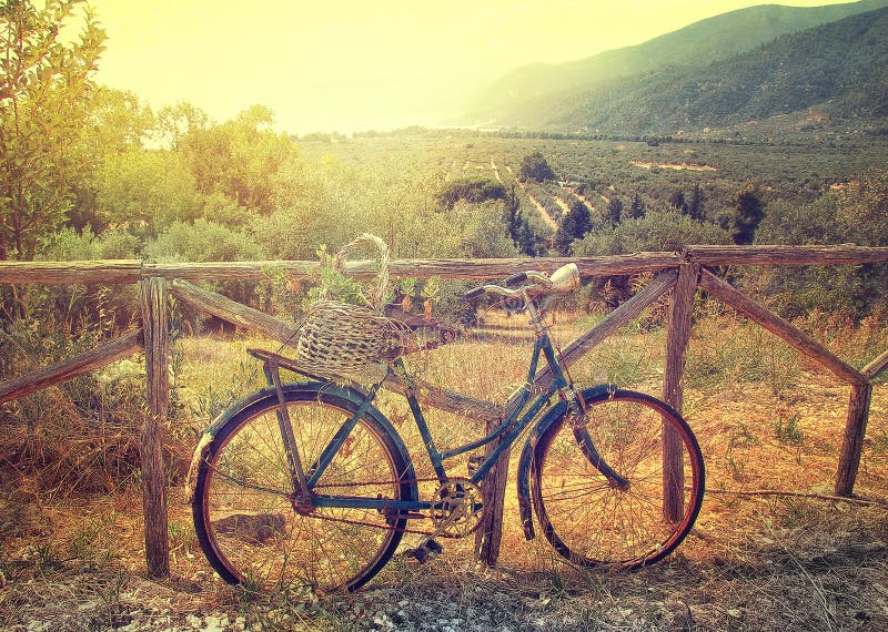Rustikales Fahrrad der Weinlese mit Korb lizenzfreie stockbilder Rustikales Fahrrad der Weinlese mit Korb lizenzfreie stockbilder