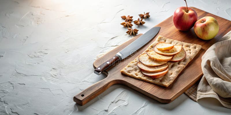 Rustikales Flachbrot mit gebackenen Apfelscheiben auf einem Holzbrett mit Messer und Sternen in der Nähe. Generative AI lizenzfreie abbildung