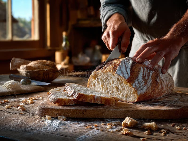 Rustikales hausgemachtes Brot mit Krümeln in gemütlicher Küche stock abbildung