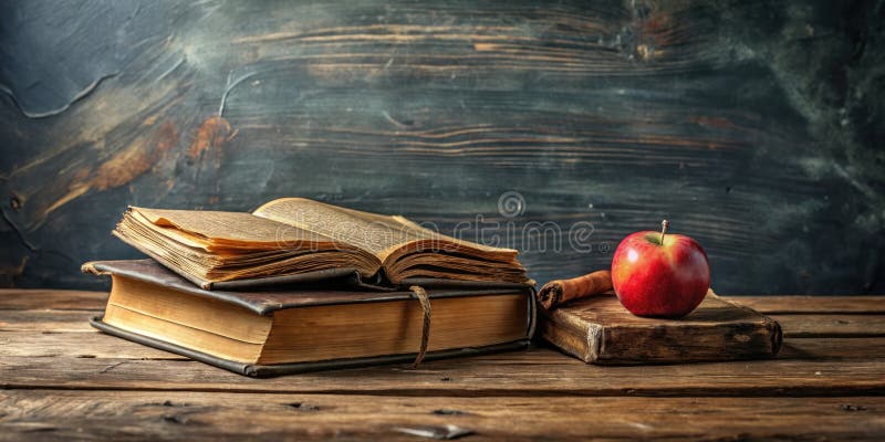 Rustikales Stillleben mit alten Büchern, rotem Apfel und Zimt auf Holzfläche. Generative AI vektor abbildung