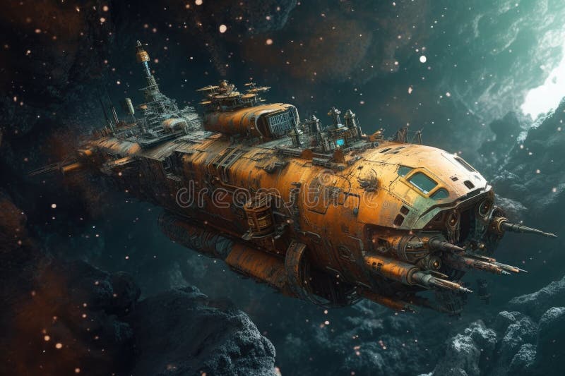 Rusting spaceship drifting in the void of space, created with generative ai AI generated