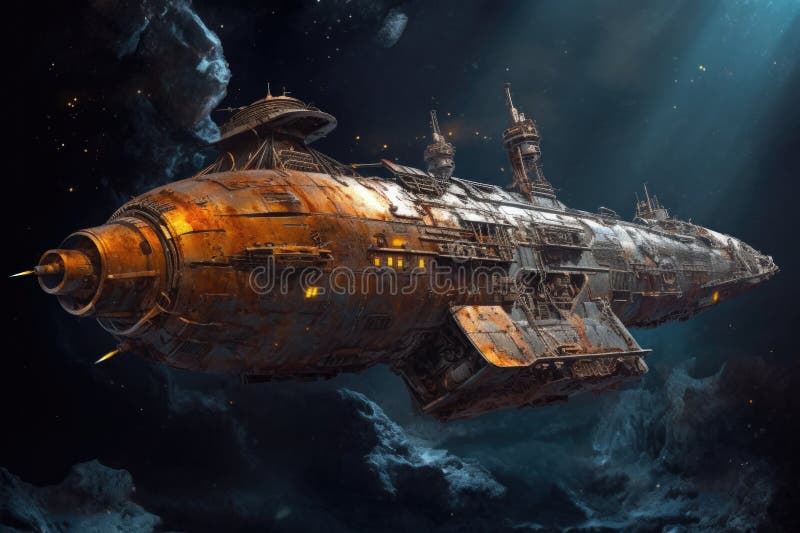 Rusting spaceship drifting in the void of space royalty free illustration