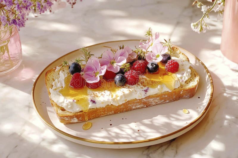 Rustit bondbröd med honungsbär och blommor på en minimalistisk platta för konstgjord frukost royaltyfria bilder