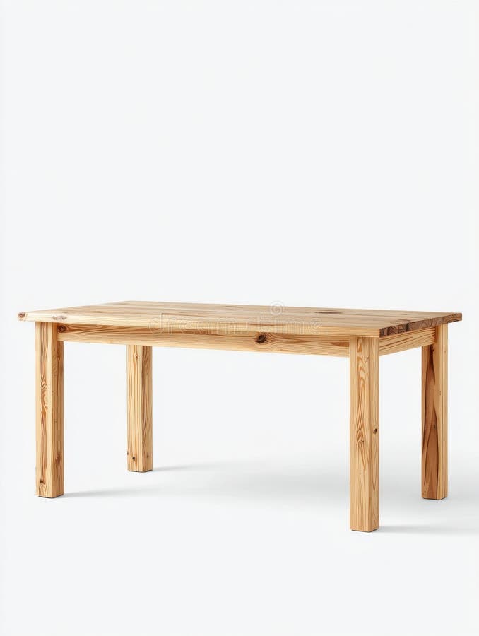 Rustit Light Brown Wooden Dining Table on White Background. Ljusbrun trädaggbord med naturlig rustik yta. Tabellen har en rektangulär överdel med något oregelbundna kanter och enkla raka ben. Den ställs in mot en vit bakgrund. Generativ AI