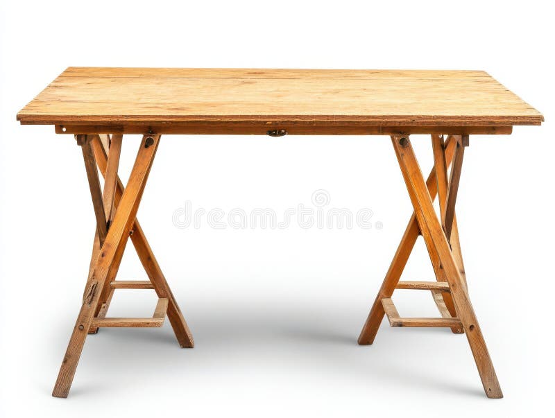 Rustit Light Brown Wooden Trestle Table on White Background stock illustrationer