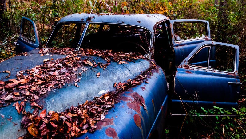 An rusty, abandoned car covered in fallen leaves