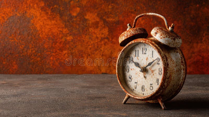 Rusty alarm clock dark background stock illustration
