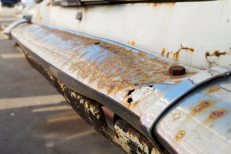 Rusty Chrome Car Bumper. Old Rustic Car with a Rusty Bumper Stock Photo