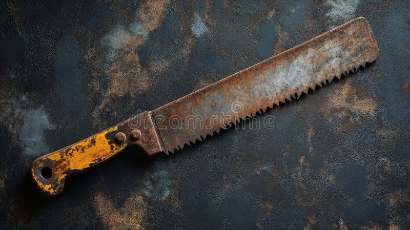 Rusty hand saw resting on a textured surface with a worn handle stock photos
