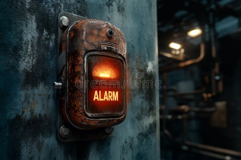 Rusty industrial alarm device on metal wall with dim lighting in factory setting royalty free illustration