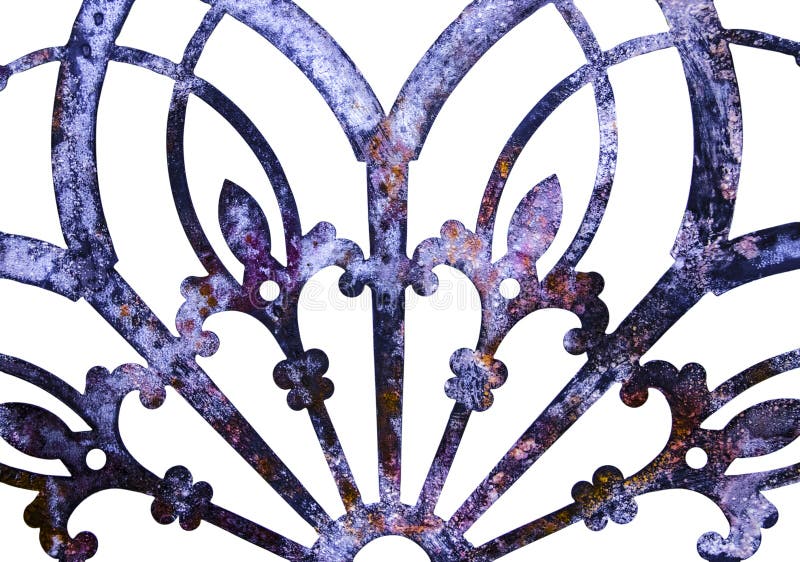 Rusty iron grunge metal lacy purple decoration isolated on white royalty free stock photography Rusty iron grunge metal lacy purple decoration isolated on white royalty free stock photography
