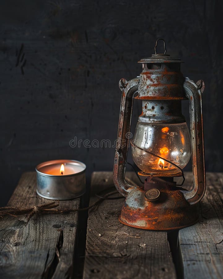 Un felinar ruginit stă deasupra unei mese din lemn royalty free stock image