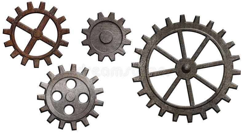 Rusty metal gears and cogs set isolated on white