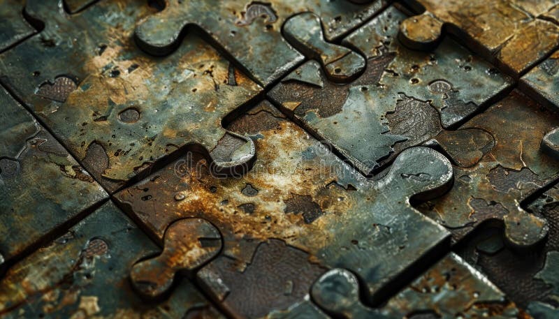 Rusty Metal Puzzle Pieces Interlocking to Form a Complex, Intricate Whole A Close-up View of Detailed Interconnectedness and royalty free illustration