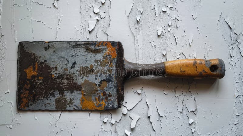 Rusty metal scraper tool with rubber handle on weathered wall stock images