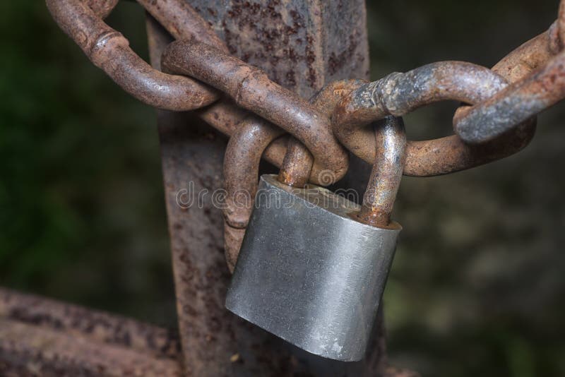 Rusty Metallic Chain and Padlock on the Entrance Gate. Stock Image
