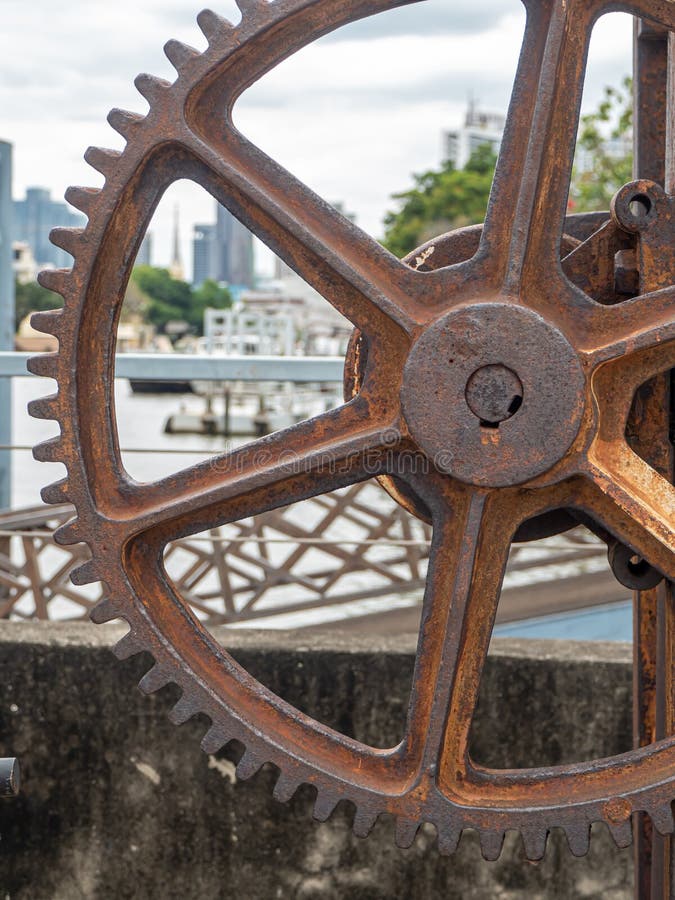 Rusty and Metallic Gear Wheel, Part of Old Boat Winch Stock Photo