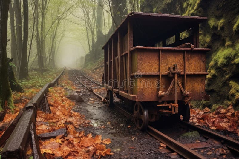 Rusty mining cart on old railway tracks vector illustration