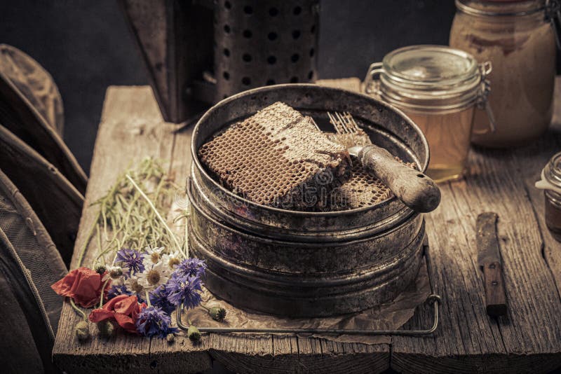 Old Beekeeper Tools with Beekeeping Knot Full of Honey Stock Image