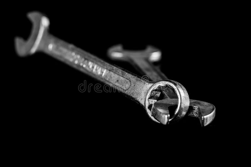 Rusty, Old Keys. Hydraulic Keys on a Black Table in a W Stock
