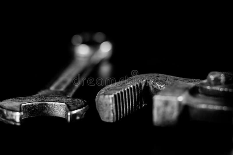 Rusty, Old Keys. Hydraulic Keys on a Black Table in a W Stock