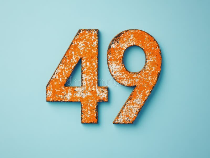 Rusty orange number 49 on a light blue background stock image