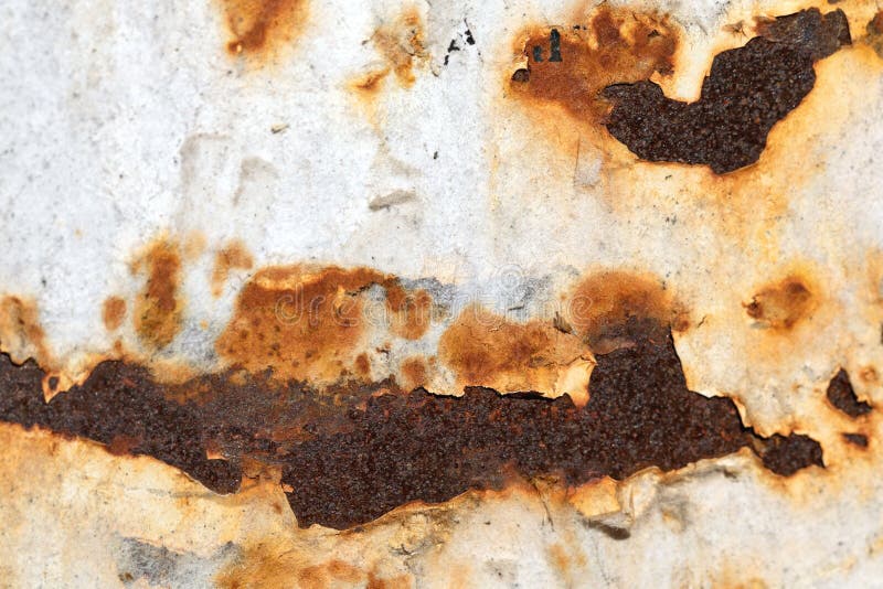 Rusty peeling painted white metal background wall with rust spots stock photos