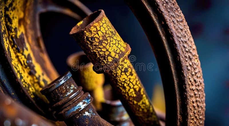 A rusty pipe with yellow paint on it stock images