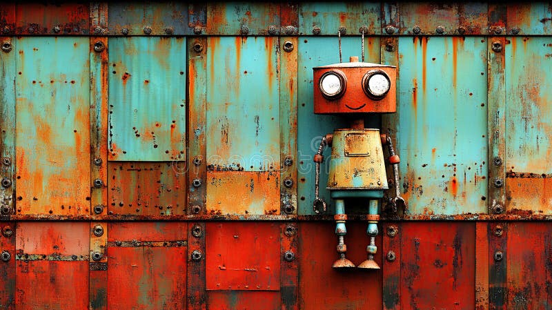 Rusty robot against a weathered metal wall stock illustration