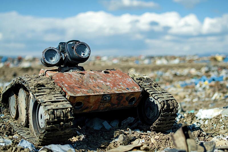 Rusty robot exploring garbage dump environmental disaster stock photo
