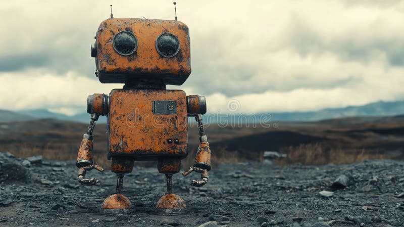 Rusty robot figure standing on a rocky field under a clear blue sky stock illustration